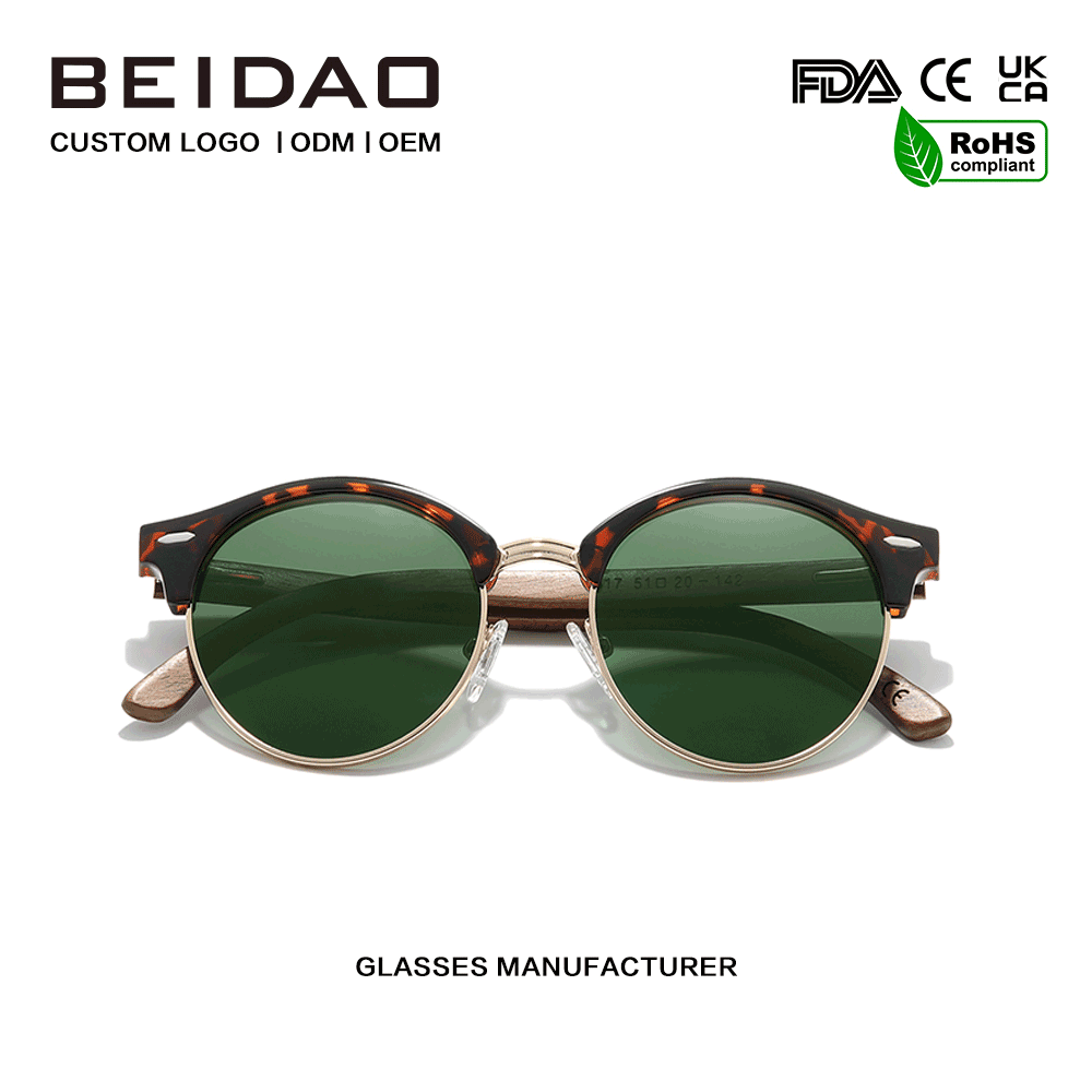 Kacamata Hitam UV400 Setengah Batas Kayu Walnut Fashion