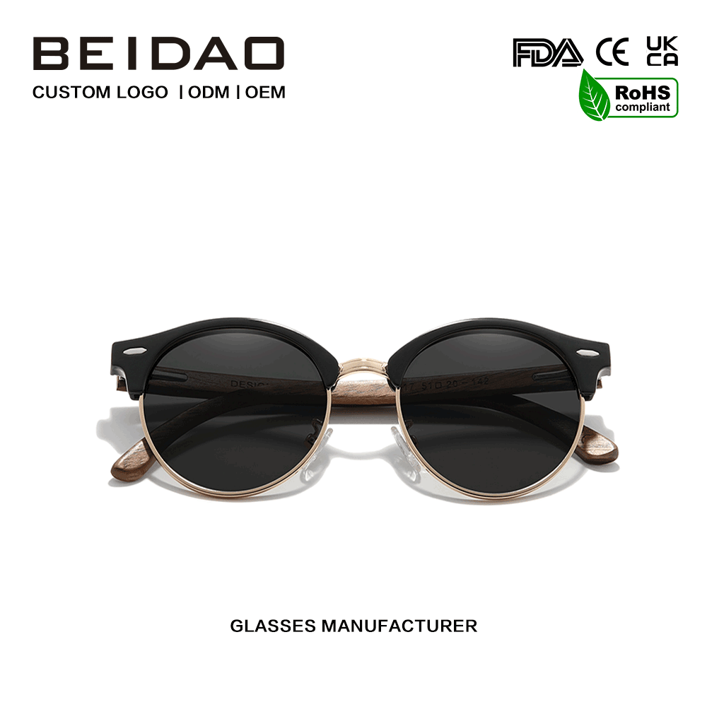 Kacamata Terpolarisasi Setengah Rim Bulat Kayu Walnut