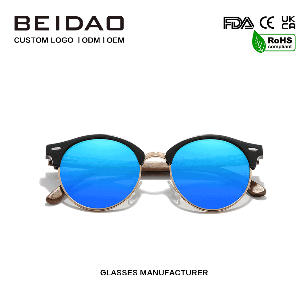 Kacamata Hitam Terpolarisasi Biru UV400 Bulat Kayu Walnut